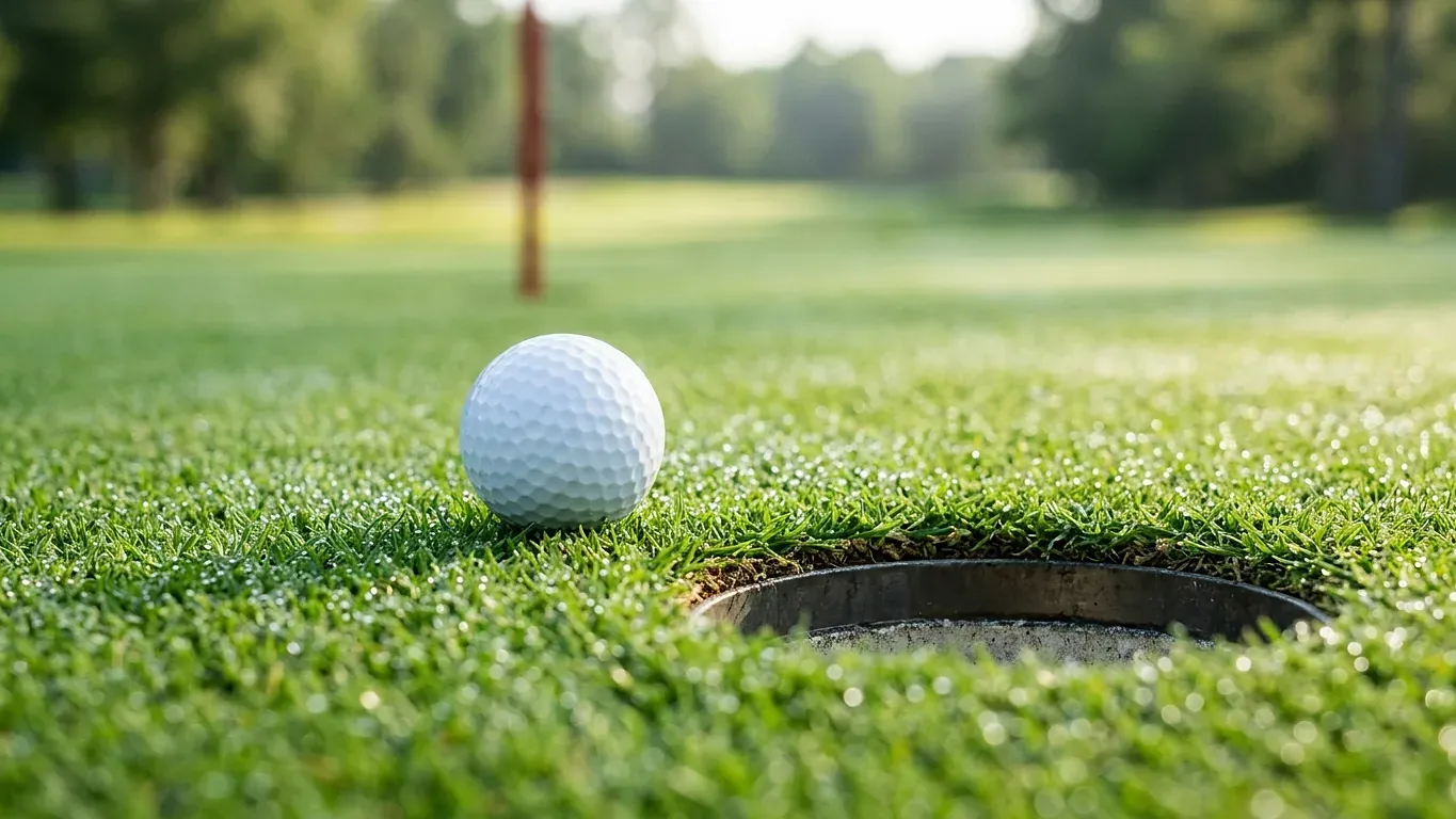 Golfpallo kasteisella greenillä aivan reiän reunalla