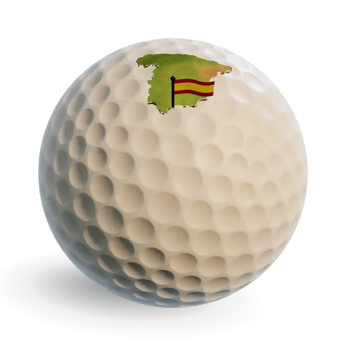 Golfpallo maapallona: Espanjan muotoinen nurmialue ja Espanjan lippu pallon pinnalla